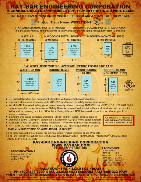Ray-Bar WireLite®-NT fire rated glass technical data sheet showing size limits, fire ratings, and specifications for filmed safety glass.