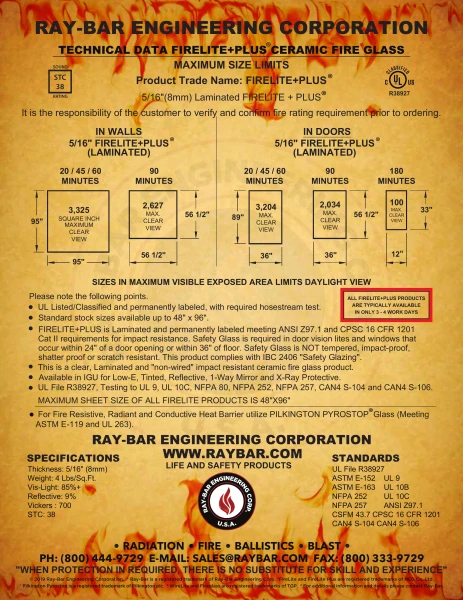 Ray-Bar FireLite® Plus laminated ceramic fire glass technical data sheet showing fire ratings, size limits, and product specifications.