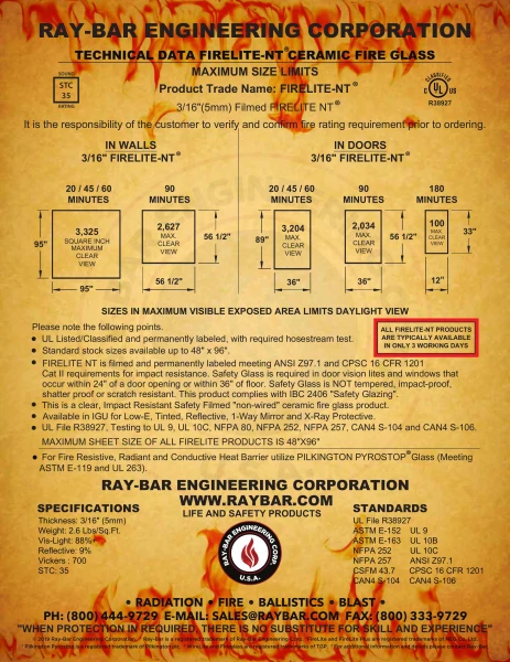 Ray-Bar FireLite®-NT Ceramic Fire Glass – Technical Data Sheet Ray-Bar FireLite®-NT ceramic fire glass technical data sheet with fire ratings, size limits, and safety specifications.