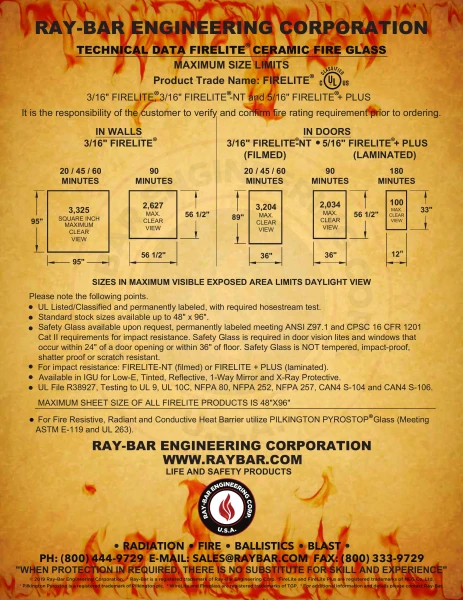 Ray-Bar FireLite® Ceramic Fire Glass technical data sheet with size limits and fire ratings.