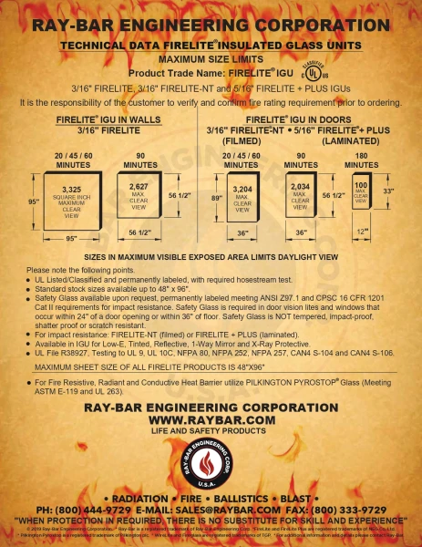 Technical data sheet for Ray-Bar FireLite insulated glass units, showing maximum size limits, fire rating times, wall and door applications, safety requirements, and product certifications.