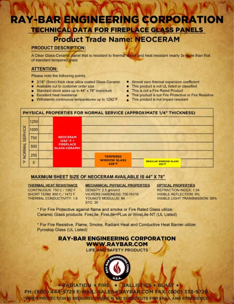 Technical data sheet for Ray-Bar Neoceram glass-ceramic fireplace panels, highlighting high heat resistance up to 1292°F, thermal shock resistance, available sizes, physical and optical properties, and usage notes.