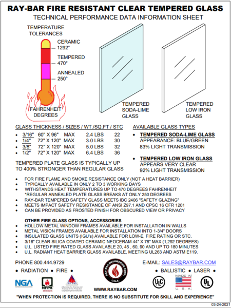 Technical Performance Data for Fire Resistant Clear Tempered Glass from Ray-Bar